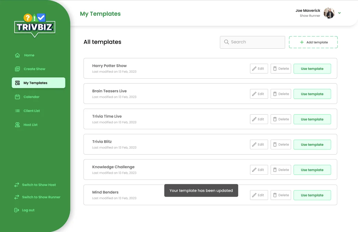 Design thinking blueprint connecting writer, runner, and host journeys for Trivbiz.