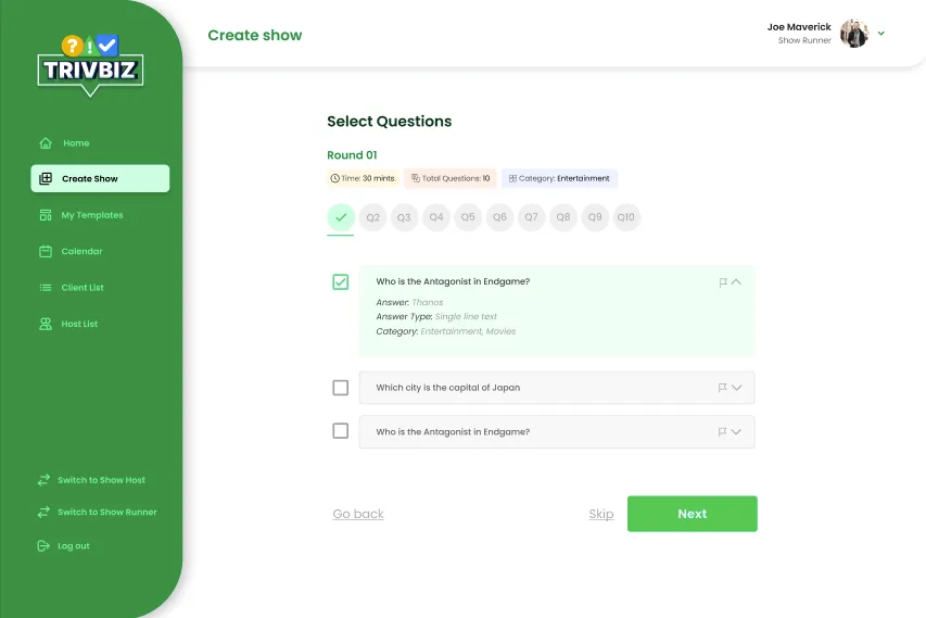 UI design for the Trivbiz live trivia web app showing host dashboard, payouts, and scheduling controls.