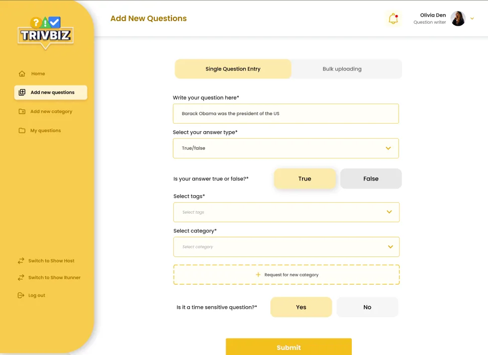 Role profiles outlining writers, runners, hosts, and participant journeys in Trivbiz.