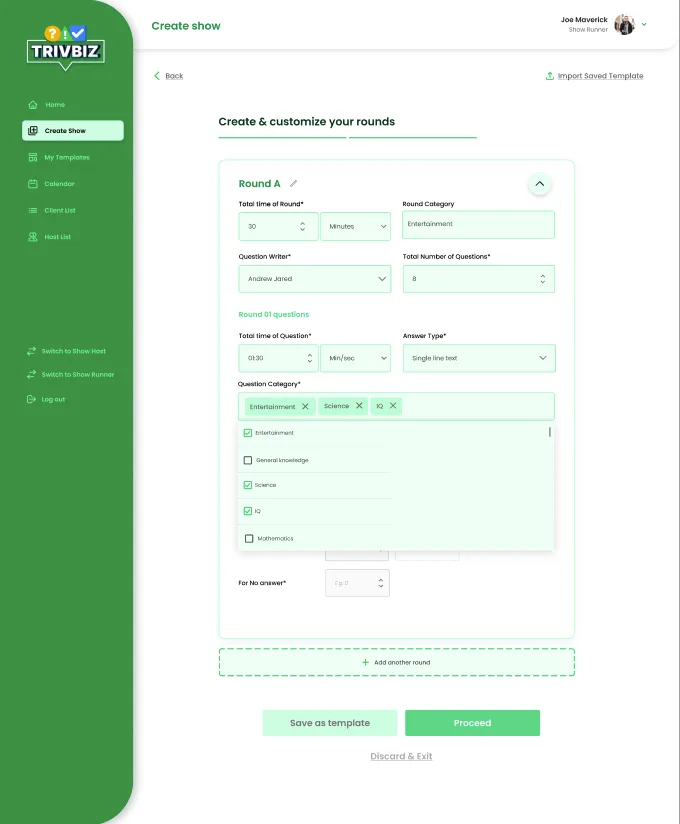 Show Runner console UI coordinating hosts, rehearsals, and live rounds with calendar prompts.