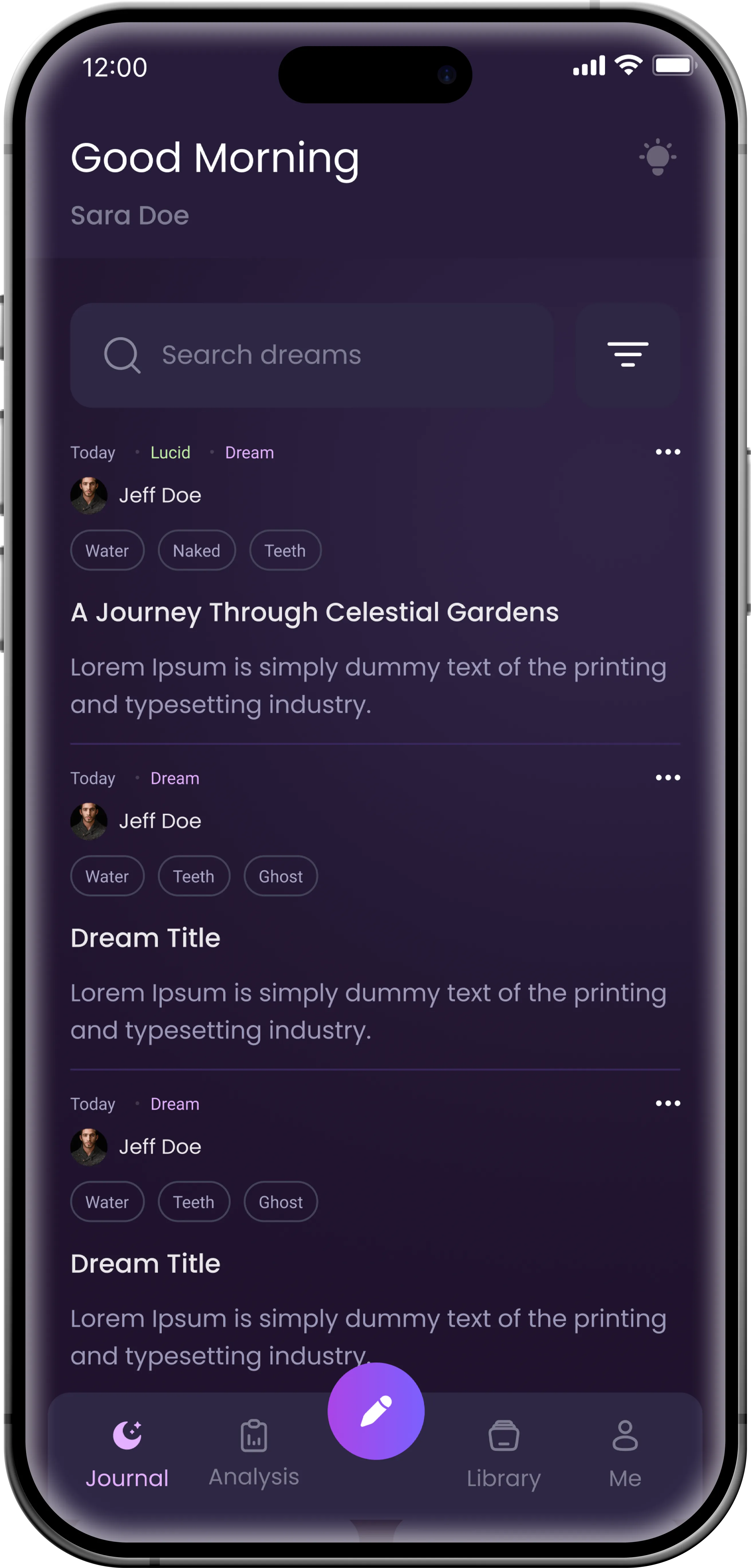 Mobile UI for DreamGPT dream journaling app showing AI interpretations, emotional insights, and recent entries.