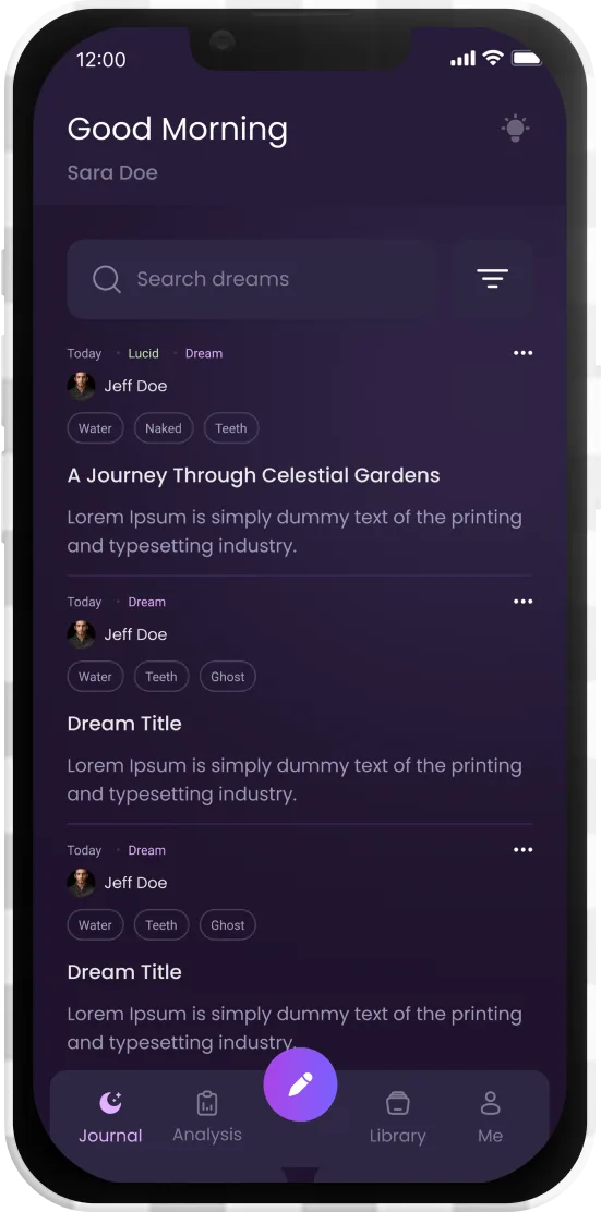 DreamGPT home screen listing saved dreams with streaks and mood tags.
