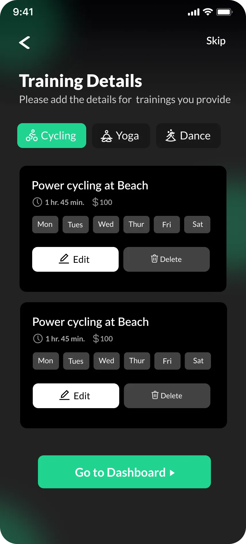 Mobile analytics screen with performance charts, active days, and goal tracking.