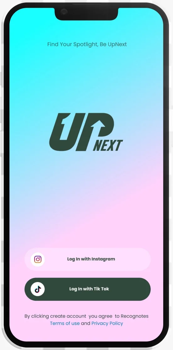 UpNext mobile voting UI showing live creator cards and vote options.