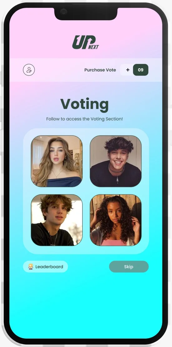 UpNext leaderboard screen displaying top creators, rankings, and fan boosts.
