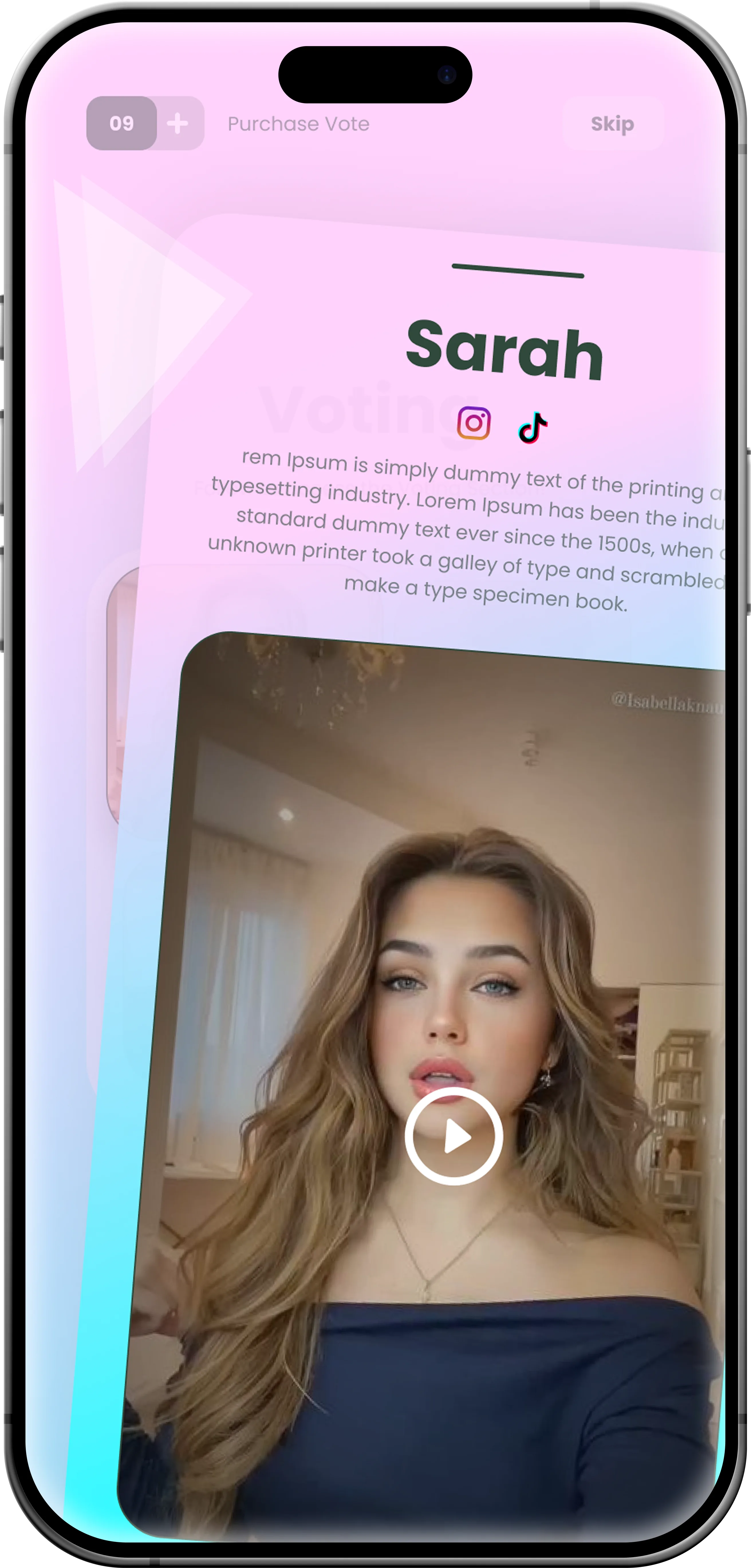 Mobile UI mockups of the UpNext fan voting app with live leaderboards and creator payout stats.